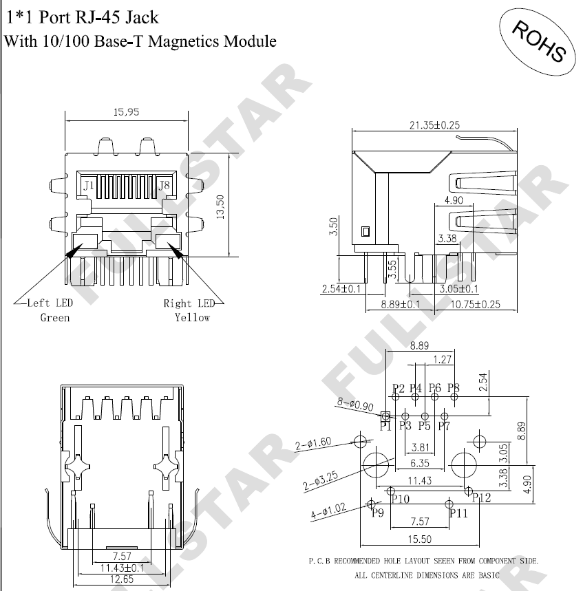 1 PORT RJ45 LAN 10/100 Base-T Magnetics modul (motsvarande Wurth 7499011212A)